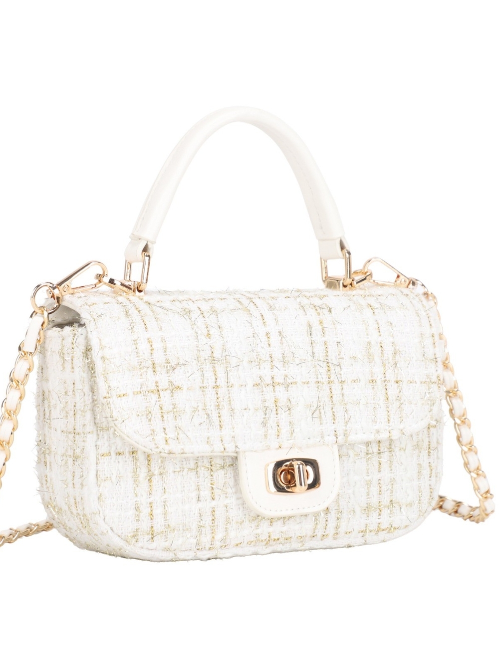 Chic White Tweed Top-Handle Crossbody Bag